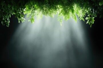 Fototapeta premium Sunlight filtering through lush foliage in a misty forest