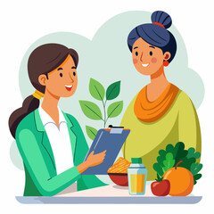 Indian female dietitian consulting with a patient, discussing nutrition plan and health goals.