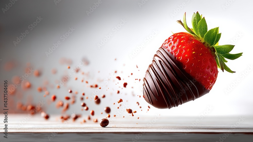 Poster Chocolate Dipped Strawberry Floating in Mid-Air With a Dynamic High-Key Background