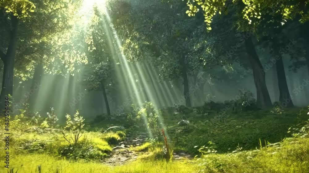 Poster sunrays streaming through enchanted forest creating serene atmosphere