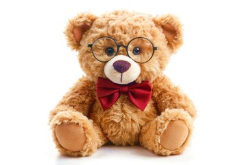 Fototapeta premium Cute Teddy Bear with Round Glasses and Burgundy Bow Tie Isolated
