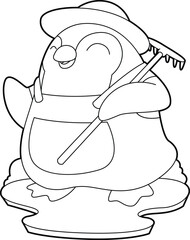 Penguin Farmer Rake Animal Vector Graphic Art Illustration