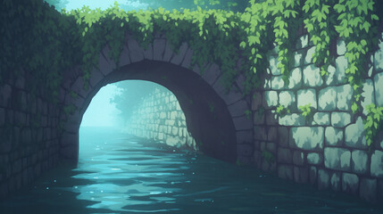 Enchanted Stone Bridge Through a Misty Valley