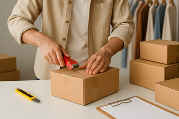 Packaging: A focused individual meticulously prepares a package, cutting tape with precision, symbolizing the careful process of parcel preparation and logistics.