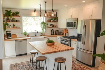 Modern farmhouse kitchen, island, plants, sunlight