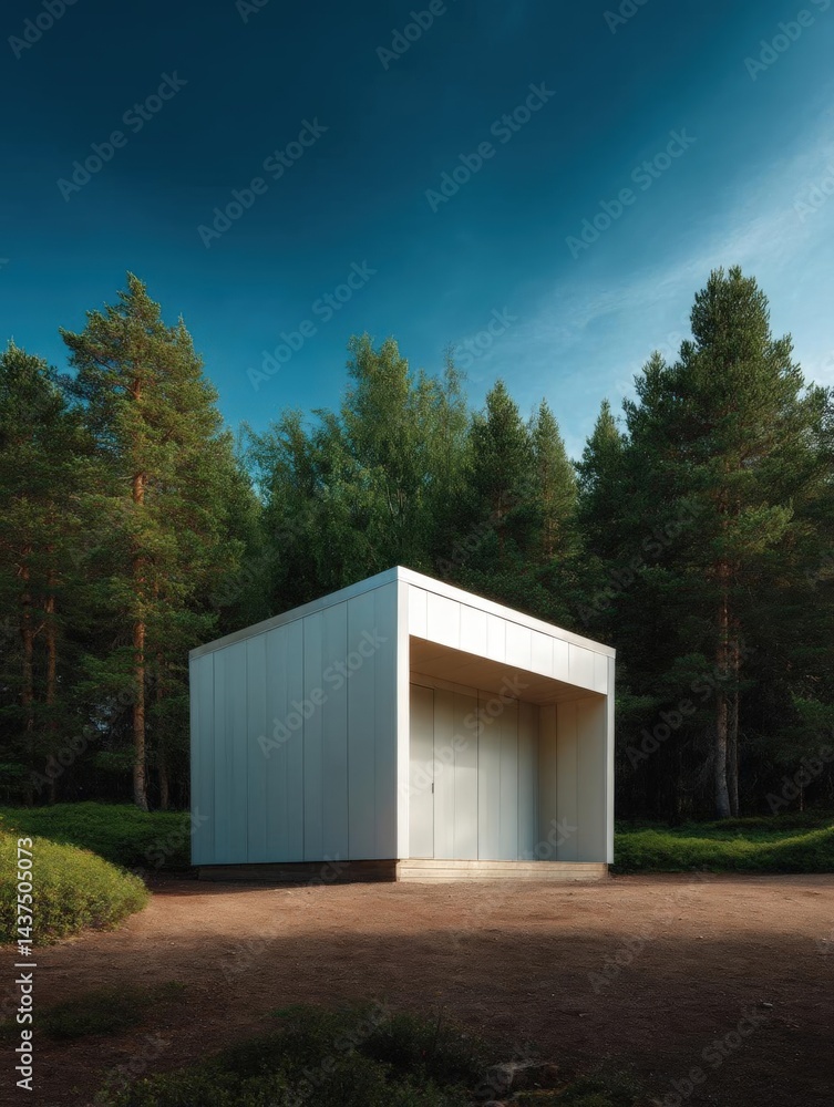 Poster small white building with a sloping roof in the middle of a forest. the building appears to be made 