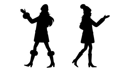 set of women in warm clothes and hats silhouette vector on tranparent background