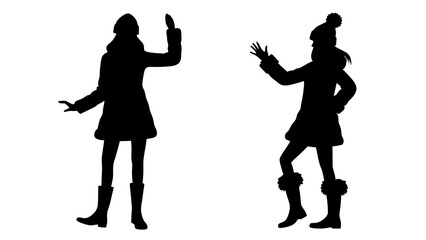set of women in warm clothes and hats silhouette vector on tranparent background