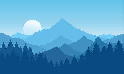 Vector blue mountain landscape with clear sky, sunset behind the mountains and silhouettes of trees and calm lake water