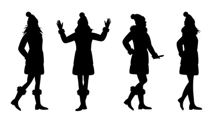 set of women in warm clothes and hats silhouette vector on tranparent background