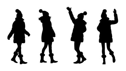 set of women in warm clothes and hats silhouette vector on tranparent background