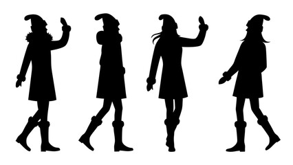 set of women in warm clothes and hats silhouette vector on tranparent background