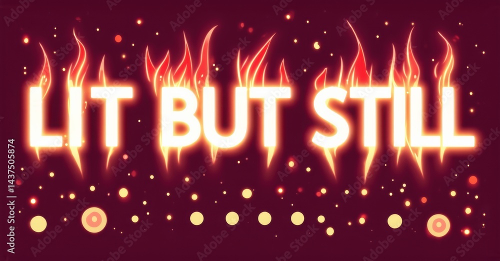 Fototapete bright text reads lit but still surrounded by vibrant flames, sparks, glowing particles. red backgro