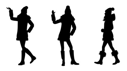 set of women in warm clothes and hats silhouette vector on tranparent background