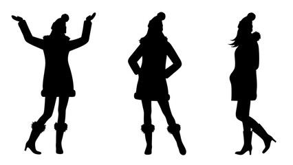 set of women in warm clothes and hats silhouette vector on tranparent background