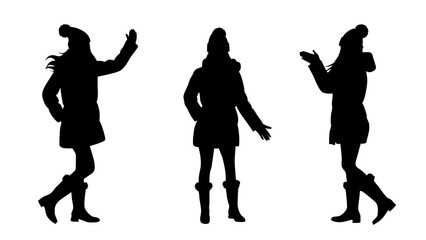 Obraz premium set of women in warm clothes and hats silhouette vector on tranparent background