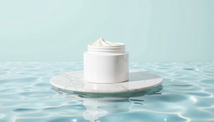 Cream jar on marble platform in serene water background  