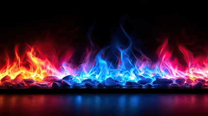 Vibrant Display of Red and Blue Flames Against a Black Background 