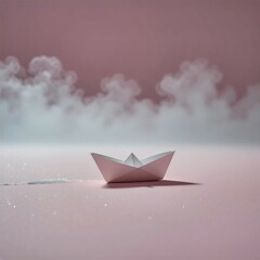 Obraz premium Minimal Paper Boat Floating in Dreamy Pink Mist Symbolizing Hope, Healing, and Mental Health Journey