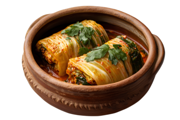 2 pieces of Korean kimchi in a clay pot, transparent background