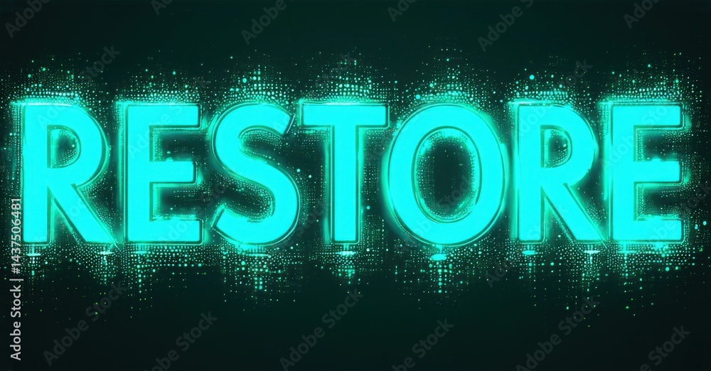 Aufkleber Bright turquoise RESTORE text dominates dark background. Glittering particles create dynamic visual effect. Bold typography emphasizes message.