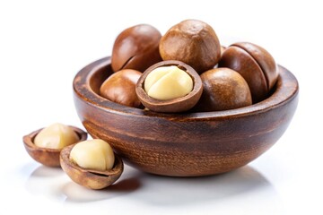 Macadamia Nut in Ceramic Bowl on White Background Isolated