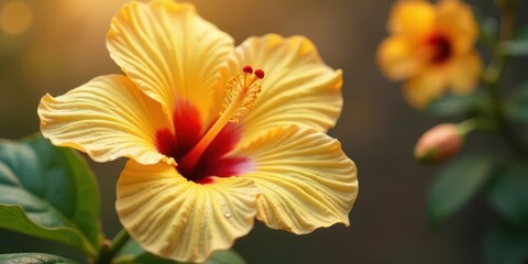 Obraz premium A vibrant yellow hibiscus flower with a deep red center, glistening with morning dew, stands out against a softly blurred background of green foliage and another slightly out-of-focus blossom.