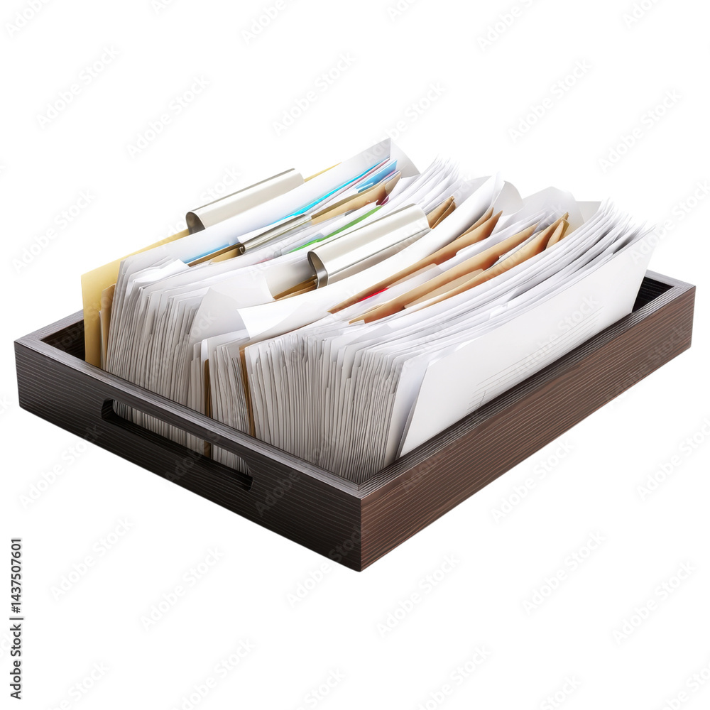 Poster stack of documents on transparency background showing organized paperwork in wooden tray for office 
