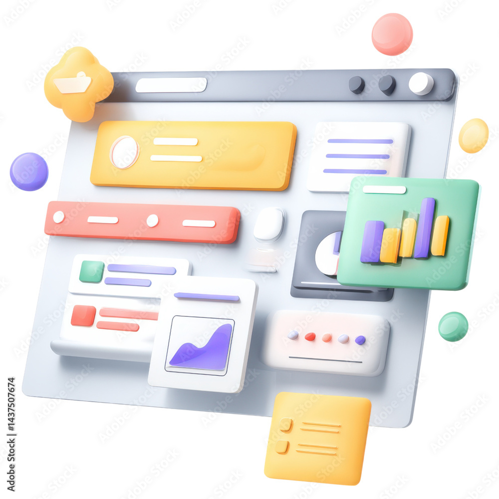 Poster colorful 3d dashboard interface with charts and graphs on transparency background, modern data visua