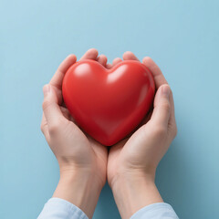 Fototapeta premium Hands gently cupping a red heart, soft blue background