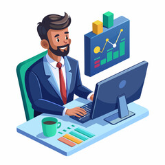 Fototapeta premium Indian research analyst examining data on computer screen in modern office workspace