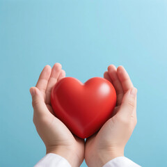 Obraz premium Hands gently cupping a red heart, soft blue background