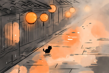 Watercolor-Style Cat Silhouette Walking Through a Rainy-Season Cityscape
