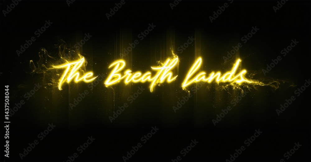 Aufkleber Bright yellow text reads Breath lands against dark background. Dramatic lighting creates glowing effect, emphasizing script typography.