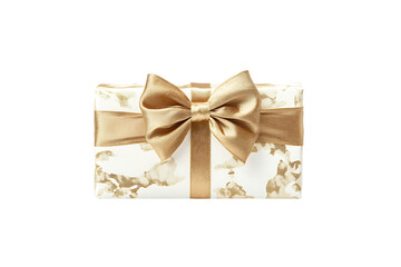 Beige gift box with a golden ribbon bow on a transparent background
