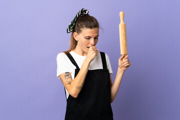 Cooker Slovak woman isolated on purple background coughing a lot