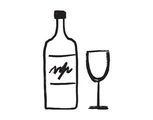 glass and bottle of wine grunge doodle hand drawn icon. Outline drawing a wedding, a romantic dinner, or a date line clipart symbol