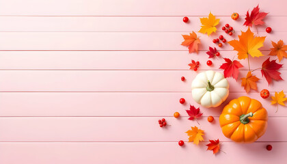 A Delicate Thanksgiving Arrangement of Pumpkins, Colorful Leaves, and Berries on a Soft Pink Wooden Background with Copy Space.