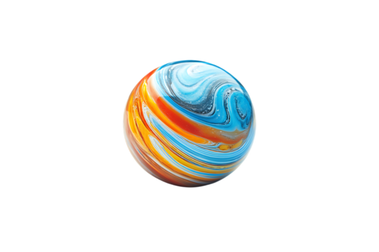 A colorful abstract swirl of orange, blue, and yellow fluid-like patterns on a spherical surface.