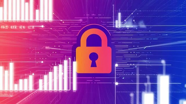 Digital security with graphs. Colorful representation of digital security featuring a padlock surrounded by data graphs and lines denoting movement.