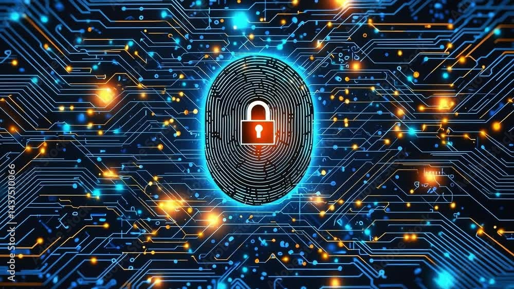 Poster secure digital fingerprint tech. a vibrant digital fingerprint and padlock symbol are at the center,