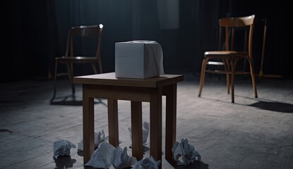 Stage props, crumpled paper, and a cube