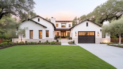 Modern Farmhouse Exterior.  Spacious, light-filled home with classic farmhouse style, featuring clean lines, white stucco, dark trim, and a large garage.