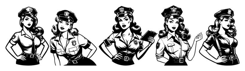 pinup female police officers vintage black and white vector illustrations