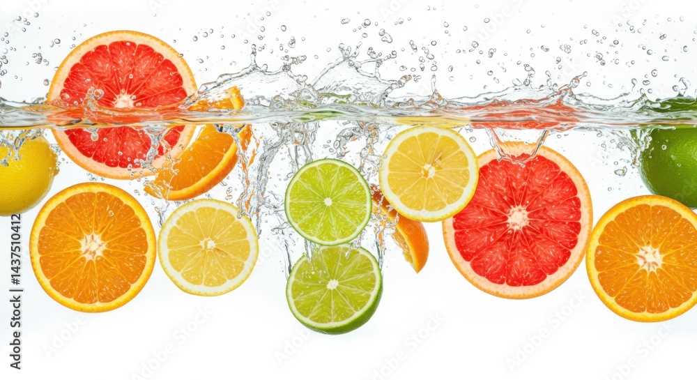 Aufkleber assorted citrus fruit slices splashing into water with a bright white background creating a fresh sc