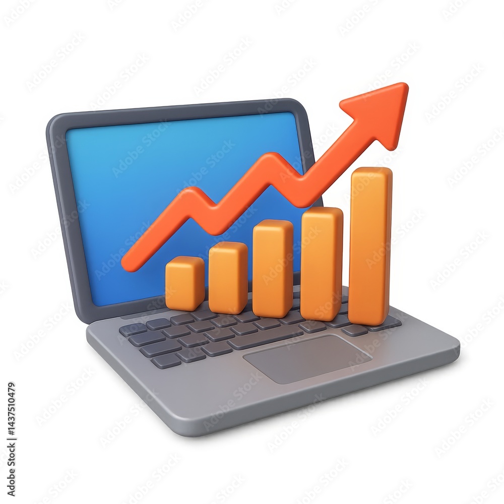 Aufkleber 3d laptop displaying growth chart with orange bar graph elements