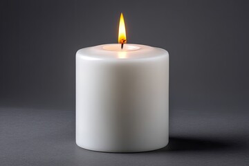 A single, lit, white pillar candle on a gray surface.  The flame is small and bright