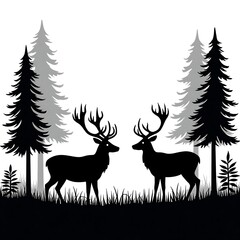 A vector illustration depicts a wild deer silhouette with antlers in a nature forest
