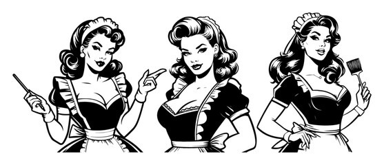 retro housewives cooking and baking vintage black and white vector illustrations