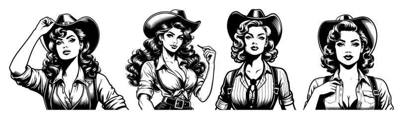 retro cowgirl women wild west portraits vintage black and white vector illustrations